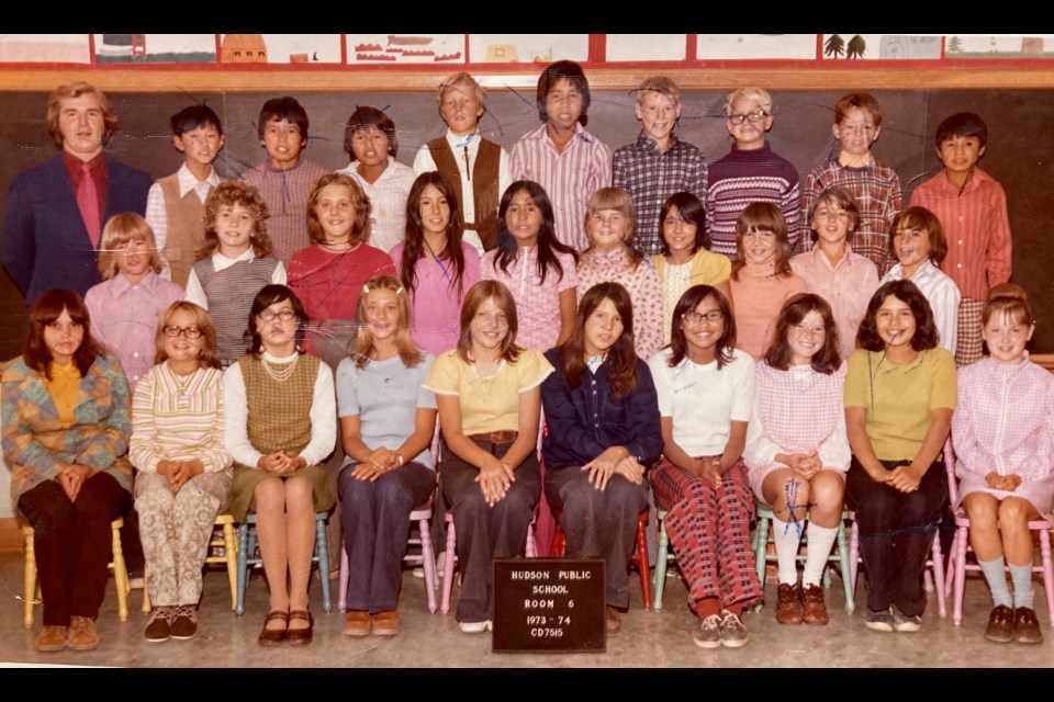 Photo of 1973 Grade 5/6 class at Hudson Public School taught by Terry Ellwood. (Courtesy Sherry Glena)       