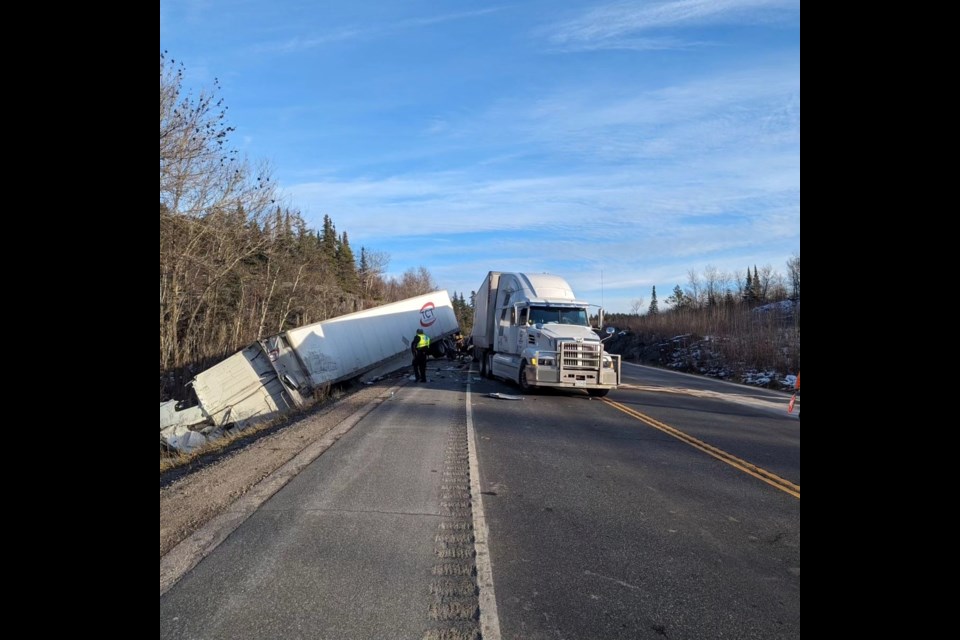 Kenora OPP investigates a collision of two tractor-trailer units on Highway 17A. (OPP Northwest Region/Facebook)