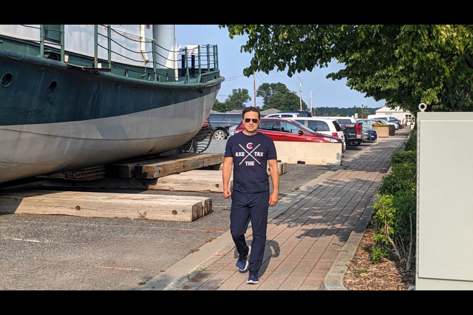 Conservative Party leader Pierre Poilievre greet Dougall Media at the historic Hallett tug boat in Fort Frances