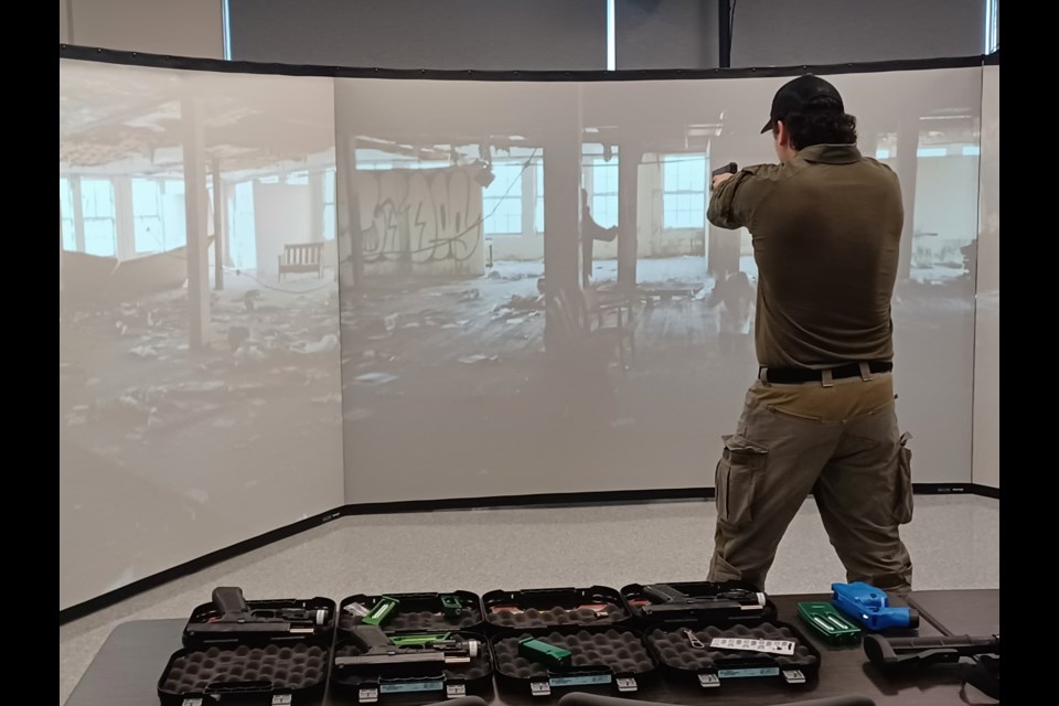 Const. Kyle Lagrange practises in the Nishnawbe Aski Police Service's VR room at the police service's headquarters in Thunder Bay.