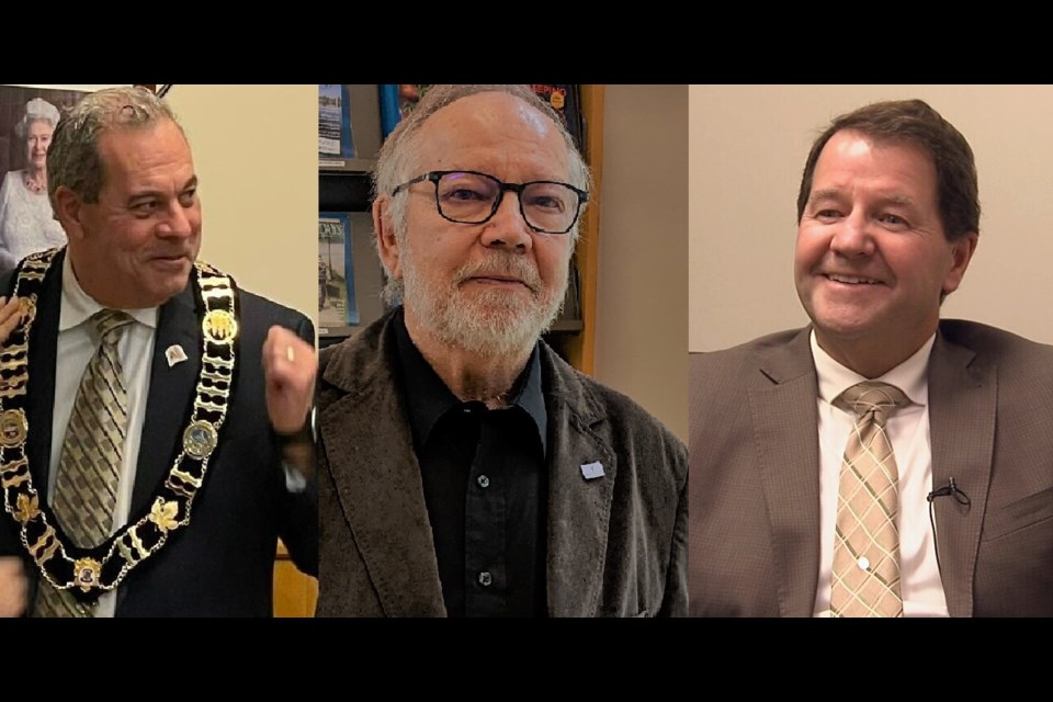 New Mayors from left to right, Andrew Poirier of Kenora, Andrew Hallikas of Fort Frances, and Jack Harrison of Dryden (graphic nwonewswatch.com)