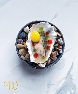 West Coast Pearl Bay Oyster, Kashmiri Chili Oil, Dill Oil, & Raw Quail Egg Yolk by Chef Imrun Texeira | Wanderlust