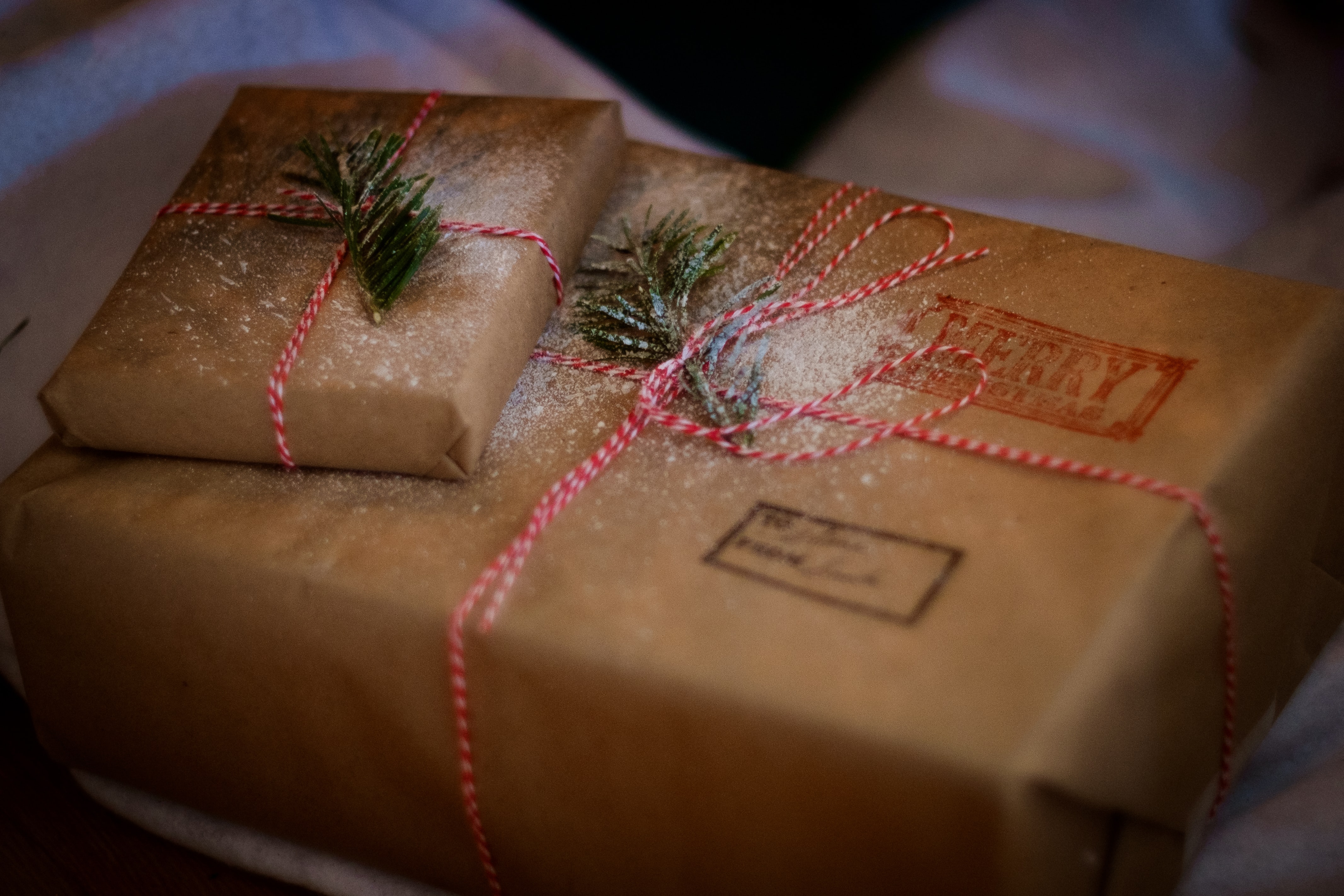 GIftboxes | Two brown parcels with red ties and green pine sprigs are stacked at a snowy doorstep