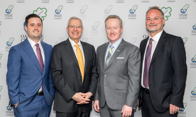 Vic Fedeli Minister of Finance Ontario May 6 2019 |  Oakville Chamber of Commerce President Drew Redden, Ontario Minister of Finance Vic Fedeli, Oakville Chamber of Commerce Chair of the Board Tim Caddigan, and Chris Kay from Cogeco. Photo Credit Top.Notch Photography