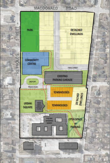 Former Hospital Site Plan Use - Option 2 |  Option 2 - Details: 33 single detached lots, 19 townhouse lots, Density 21.5 uph, Park: 0.56 ha (1.39 acre)
