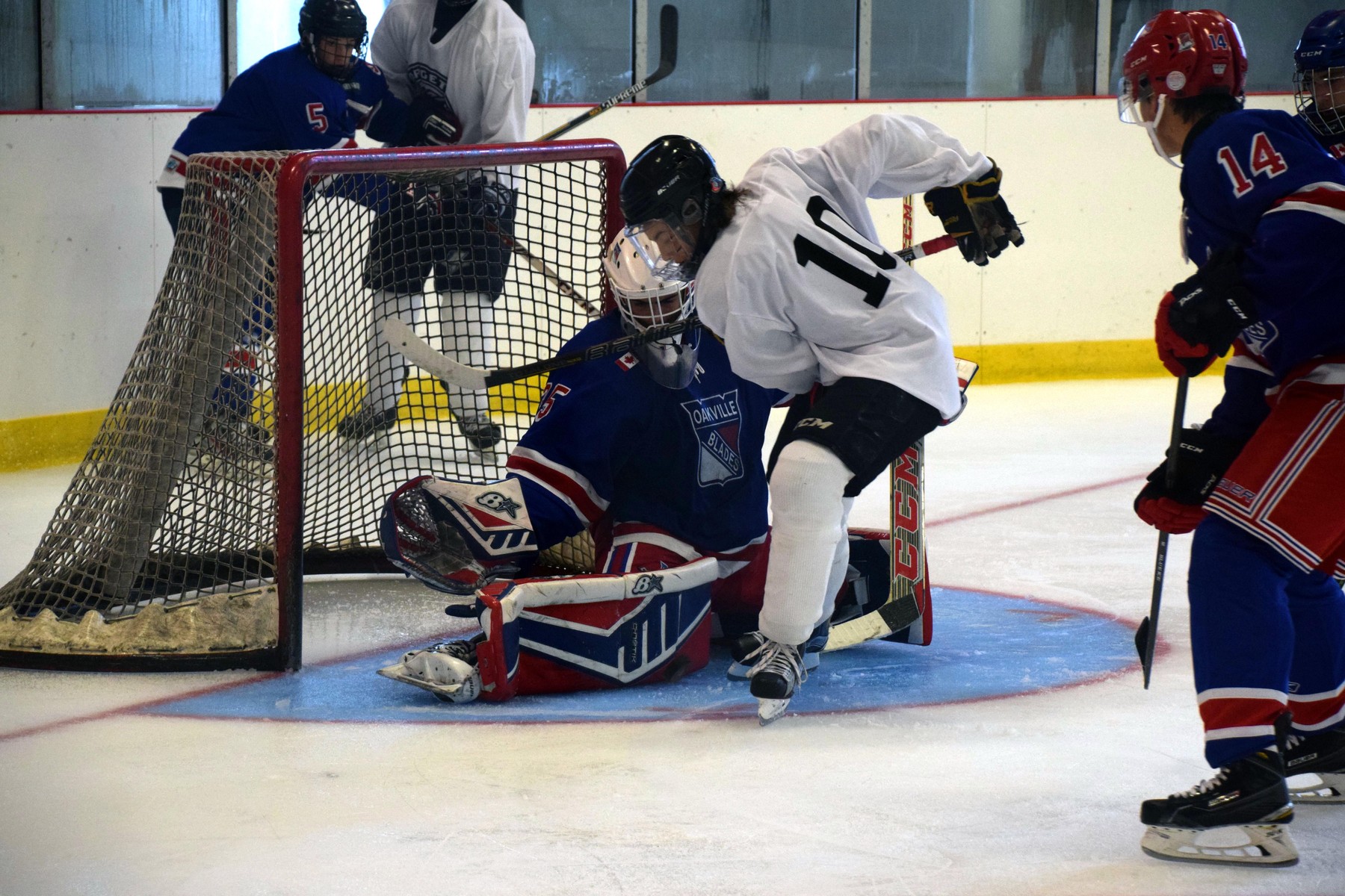 Goalie and opposing player in the net | Scott Ellis - The Hockey House