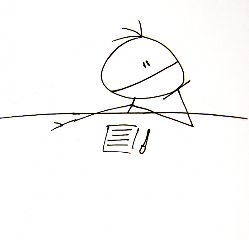 Line Drawing - of stick figure at desk with note pad and pen | TheAlieness GiselaGiardino²³  -  Foter  -  CC BY-SA