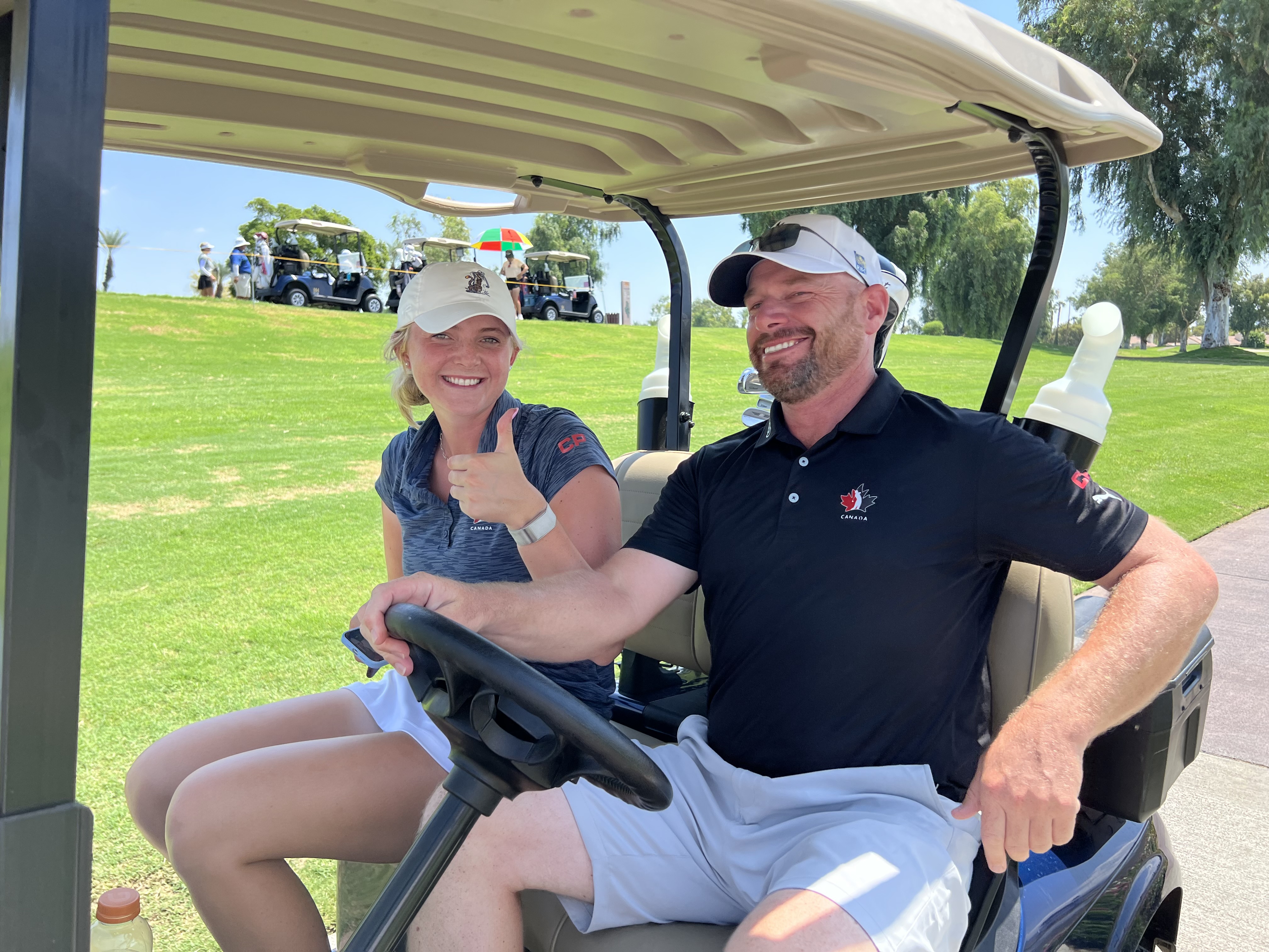 Made it through! | Katie Cranston and coach Rob Ratcliffe show obvious relief as she makes it through to stage 2 of Q school | Suzanne Tennier