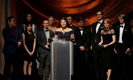 Annie Awards acceptance speech by Michelle Chua |  Sheridan animation student Michelle Chua reads her acceptance remarks at the Annie Awards in LA after her and her team won for Best Student Film. Photo by David Yeh.