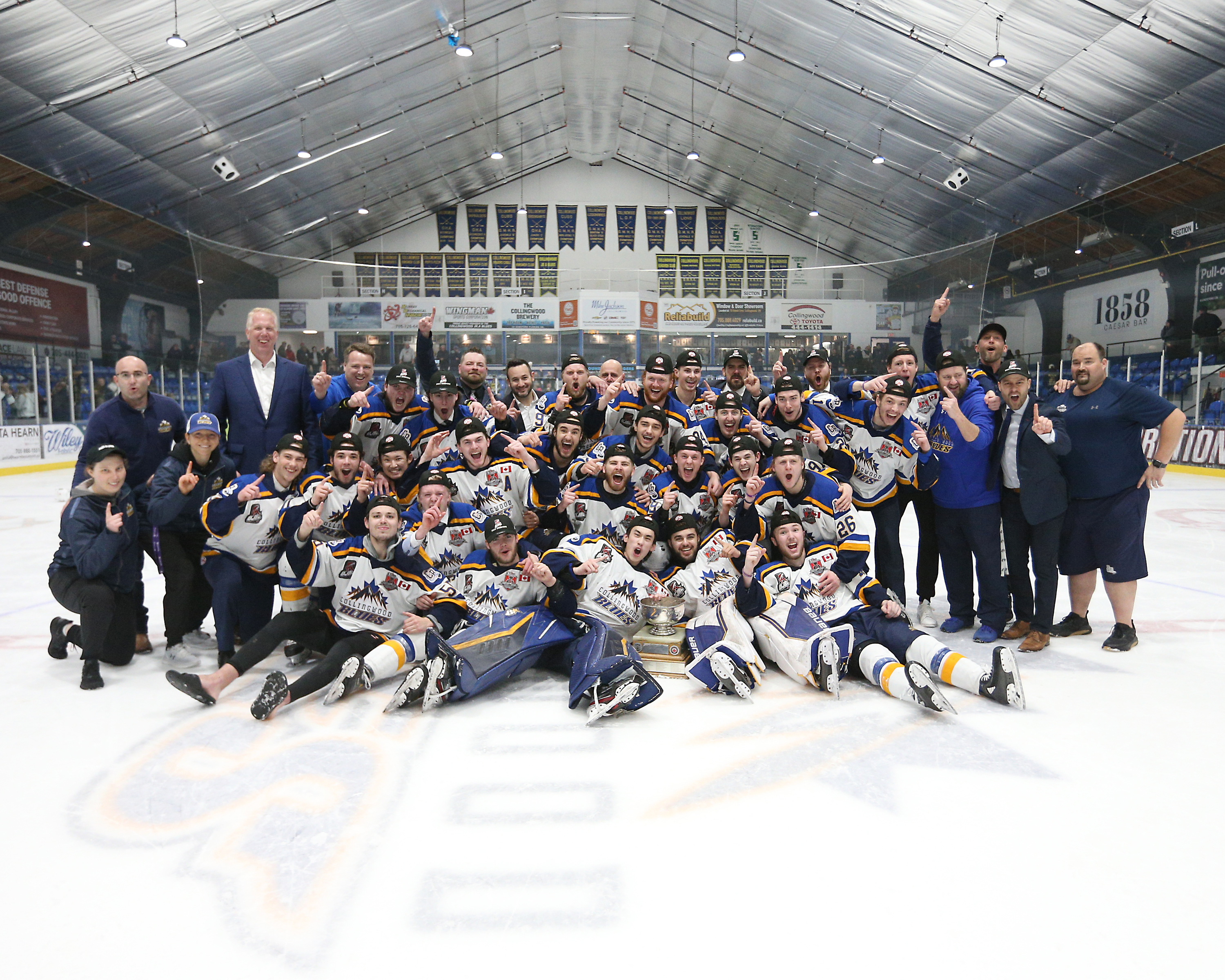 Trenton Golden Hawks vs Collingwood Blues | COLLINGWOOD, ON - APRIL 28: The 2022-2023 Buckland Cup Champion Collingwood Blues at the Eddie Bush Memorial Arena on April 28, 2023 in Ontario, Canada (Photo by Tim Bates / OJHL Images) | Photo by Tim Bates / OJHL Images