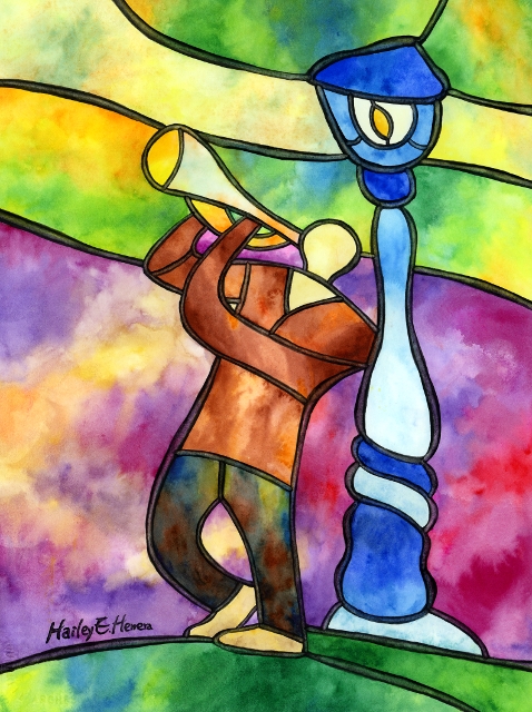 Stained Glass of a man playing a trumpet by a lamp post. |  Hailey E Herrera Art Journey  -  Foter  -  CC BY 2.0