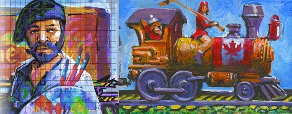 painting depicts painter and coal locomotive Engine | 150 Canada Mural Banner