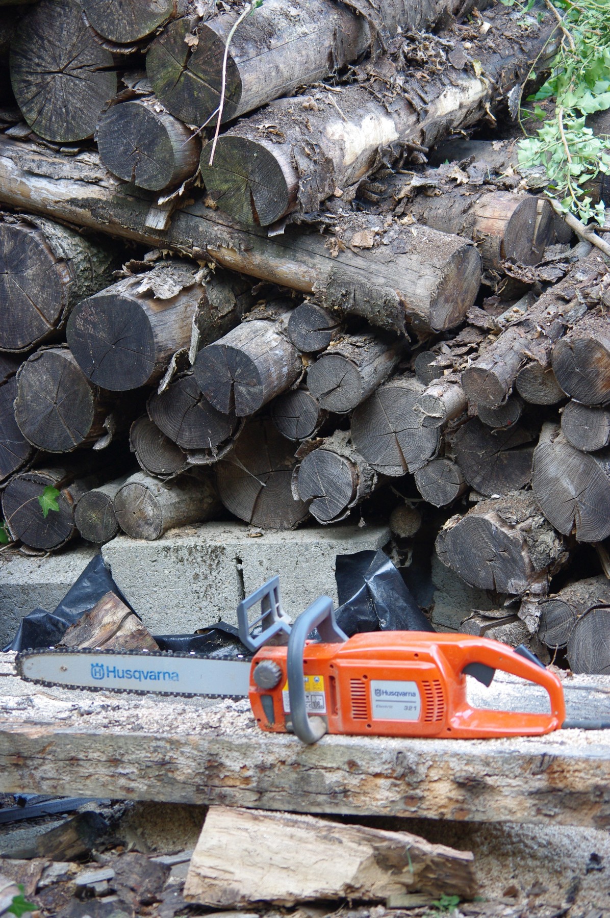 Chain saw in front of a stack of logs | balise42  -  Foter  -  CC BY-SA