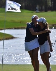 Friends in competition | Katie Cranston and Nicole Gal celebrate together at the Dustin Johnson World Golf Championship | Oakville Golf Club