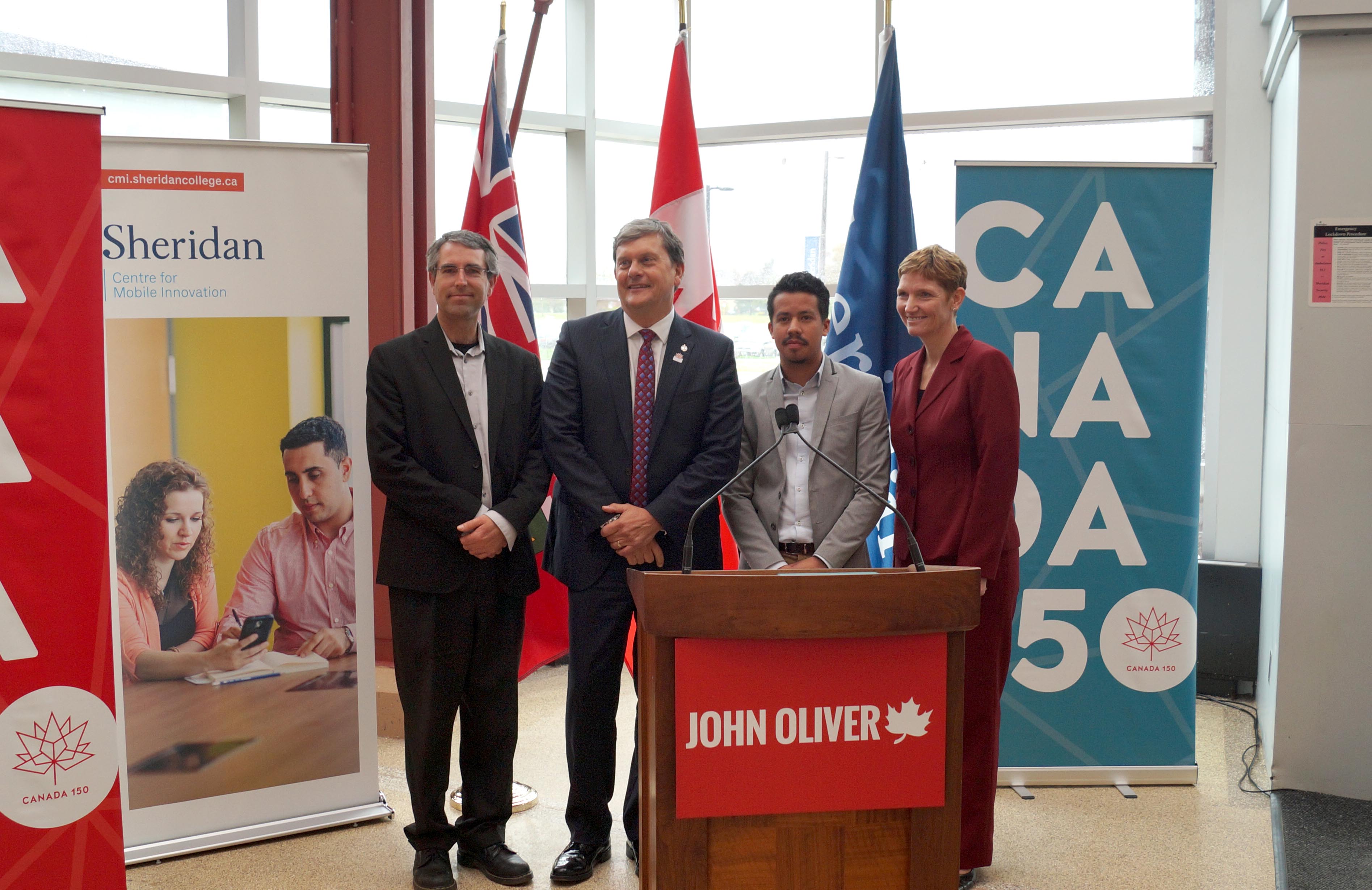 Dr. Ed Sykes, Professor of mobile computing and Primary Investigator; John Oliver, MP for Oakville; Enrique Ponce, Sheridan Student Union President and Dr. Janet Morrison, Sheridan’s Provost and Vice President Academic, pose at the announcement event cele | Sheridan College