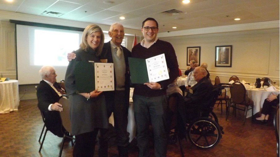 Bill Barnes 100th Birthday Celebration February 6 2020 |  Bill Barnes with Chris Ventura (representing MP Pam Damoff)  and Heather Roy (representing Minister Anita Anand). They presented Bill with Certificates of Congratulations. Image Credit: Rotary Club of Oakville Trafalgar
