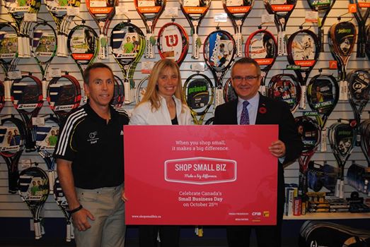 CFIB president Dan Kelly presented the award to The Merchant of Tennis business owners Pamela and Rob Horwood last week. | CFIB