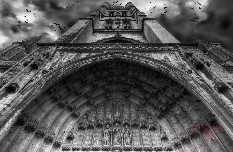 Gothic Cathedral b & w with crows passing overhead | country_boy_shane  -  Foter  -  CC BY-ND