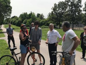 Champagne |  MP Damoff and Hon. François-Philippe Champagne speaking with Oakville bikers using the Crosstown Heritage Trail.