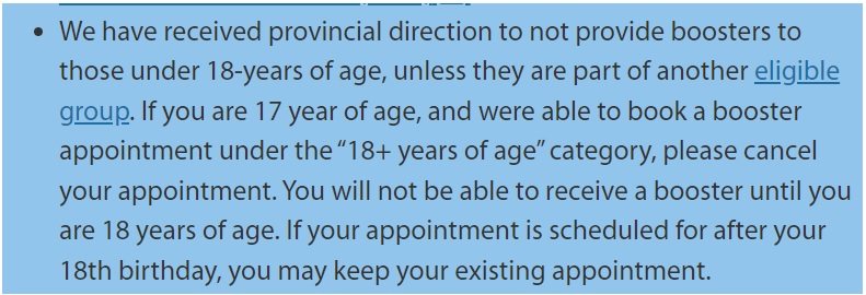 Boosters only for 18+ not 2004-born | New information on the Halton Health Covid-19 web site clarifies who is eligible after a week of confusion (screenshot from January 7, 2022).