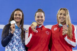 former oac swimmer tessa cieplucha wins pan am gold 400m im |  Tessa Cieplucha (centre) winning the gold medal in the 400m individual medley at the 2019 Pan Am Games. Image courtesy: David Jackson/COC