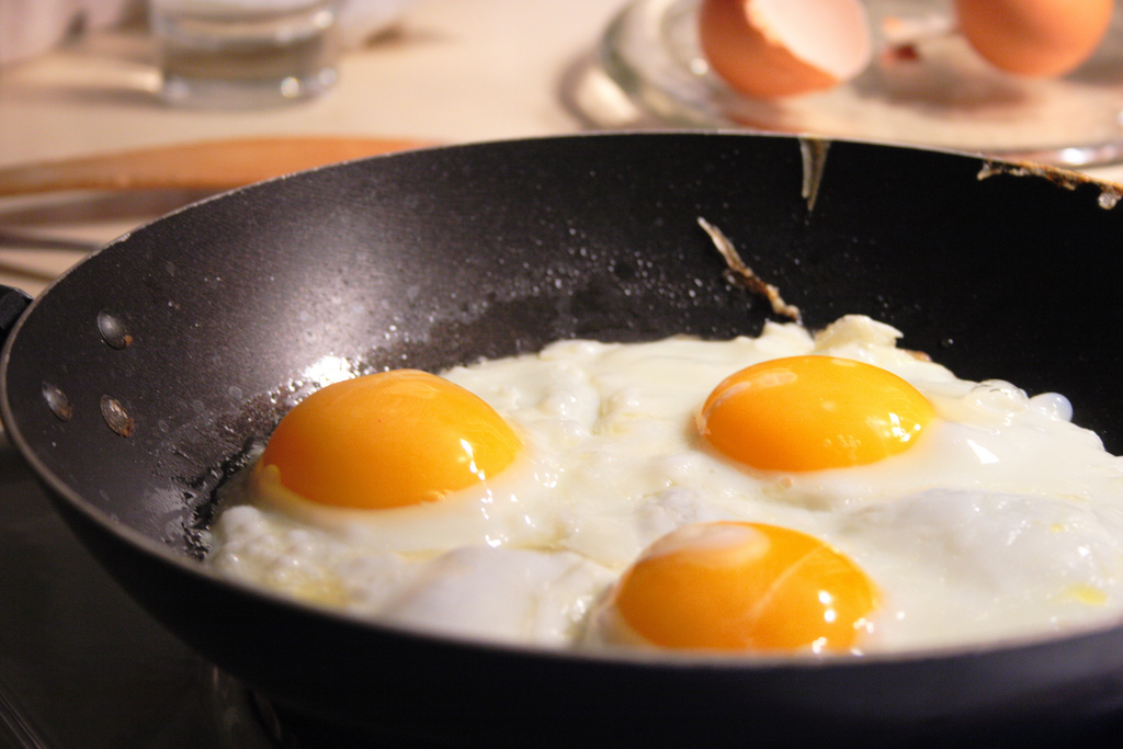 3 eggs in a frying pan | V31S70 via Source  -  CC BY