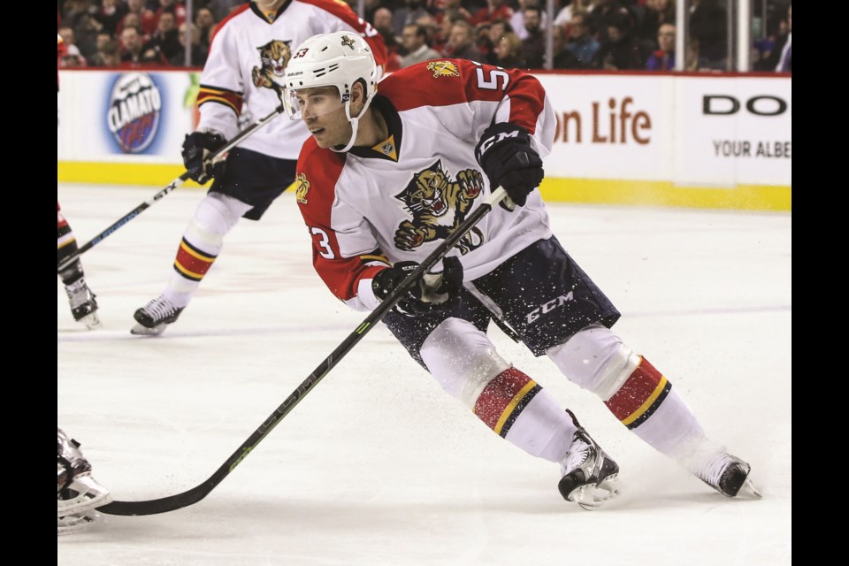 Former Okotoks Oiler Corban Knight plays for the Florida Panthers against the Calgary Flames at the Scotiabank Saddledome on Jan. 13, 2016. Knight was named to the Canadian men's hockey team for the 2022 Olympic Winter Games. 