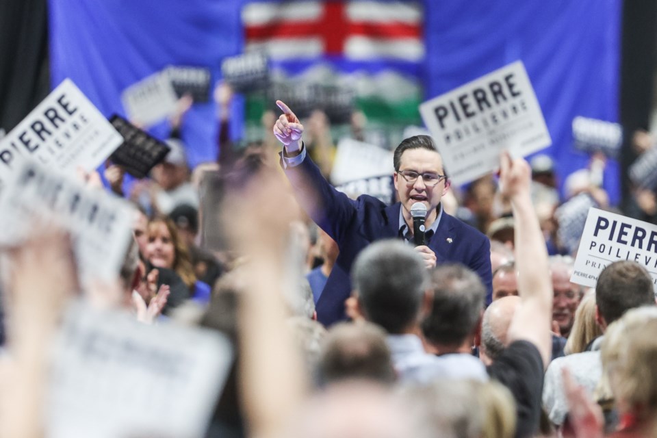 Federal Conservative leadership hopeful Pierre Poilievre speaks at a rally at Spruce Meadows on April 12, 2022. Thousands filled the Agri-Plex building as Poilievre spoke to issues such as inflation, housing costs, COVID restrictions, and the consumer carbon tax.