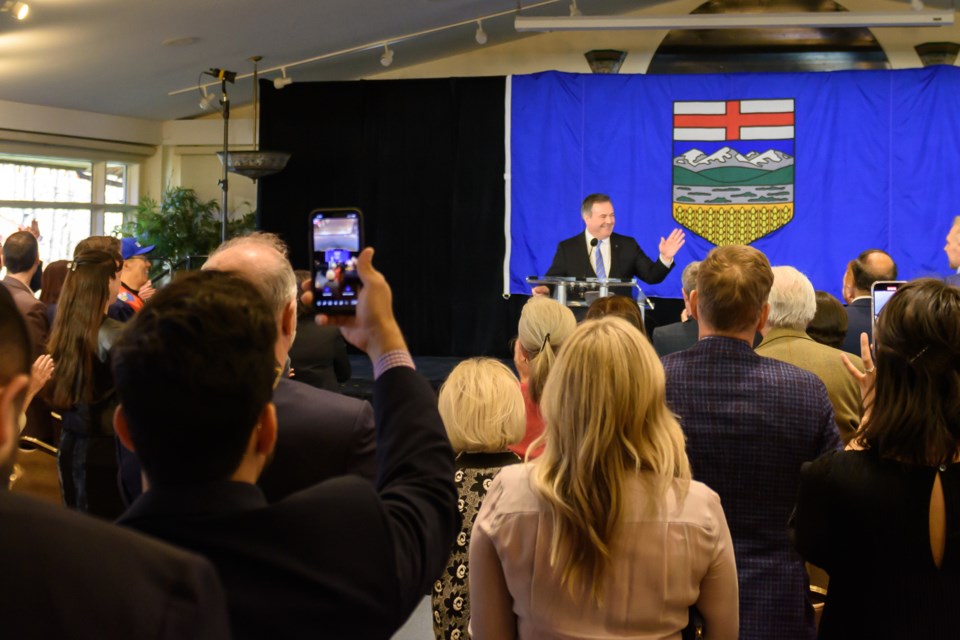 Alberta Premier Jason Kenney speaks after leadership review results were announced at Spruce Meadows in Calgary on May 18.