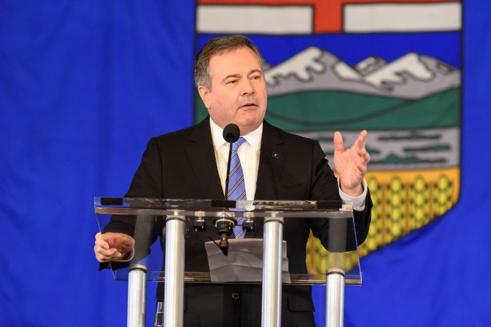 Alberta Premier Jason Kenney speaks after leadership review results were announced at Spruce Meadows in Calgary on May 18.