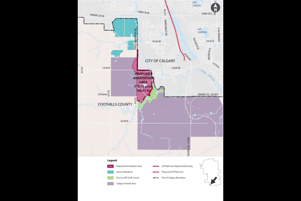 A map shows the area the City of Calgary proposes to annex from Foothills County. An open house in DeWinton on April 27 will give residents the chance to ask questions and give feedback on the proposal.