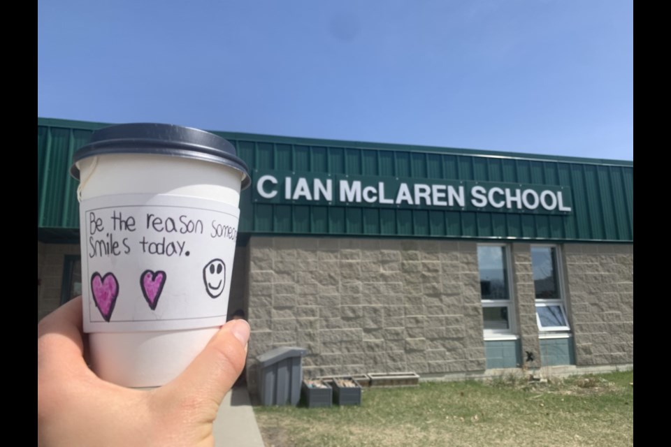 Students of C. Ian McLaren school in Diamond Valley decorated coffee sleeves with positive messages to be distributed at local coffee shops.