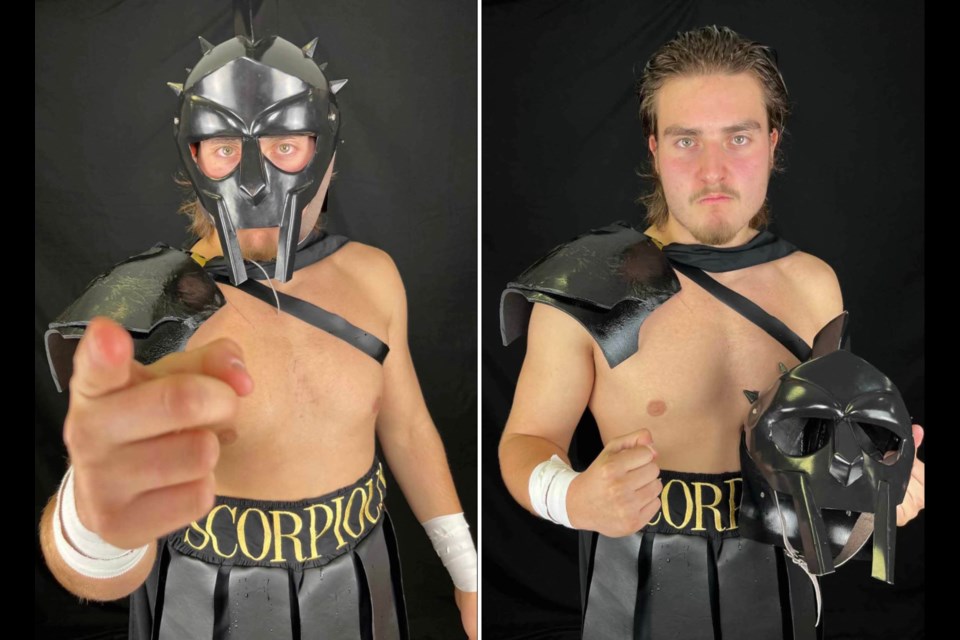 Okotoks area pro-wrestler Isaac Holunga crafted the character ‘Scorpious’ from his fandom for Roman era warriors as made famous in the motion pictures Gladiator. Holunga made his pro wrestling debut at the start of the year and has wrestled with the RCW and CanAm promotions.(David Bell Photo)