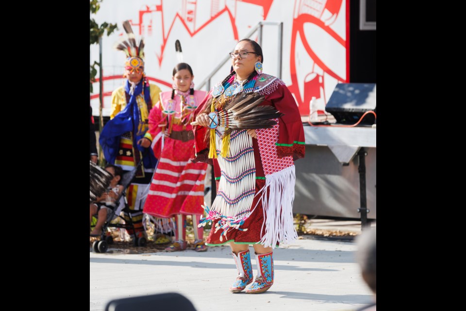 Indigenous dancers from the Tootoosis Crew perform for the 2023 Alberta Summer Games 'Rock the Games' concert at Ethel Tucker Park on July 22.