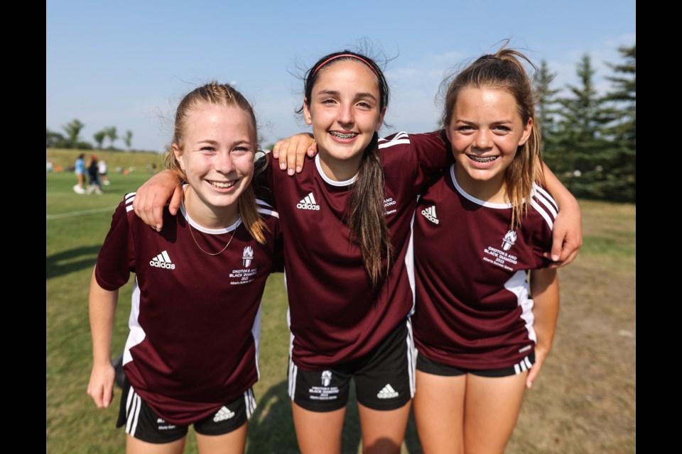 Foothills area athletes Stella Chirzynski, Brooklyn Goulard and Myla St-Pierre helped Zone 2 win gold in girls soccer at the 2023 Alberta Summer Games on July 23 at Bill Robertson Park in Okotoks. Zone 2 defeated Zone 5 2-0 in the gold medal game.