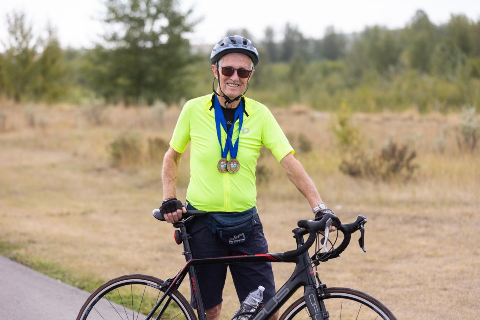 Senior cyclist Bob Wahlund, pictured on Aug. 24 at Bill Robertson Park, won double gold in cycling at the 55-Plus Games in Brooks the weekend prior. The 79-year-old believes in lifelong fitness and movement.