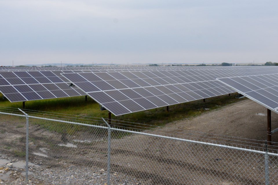 Solar panels at the TC Energy Saddlebrook Solar and Storage facility along Highway 2A near Aldersyde in Foothills County on Aug. 31. 