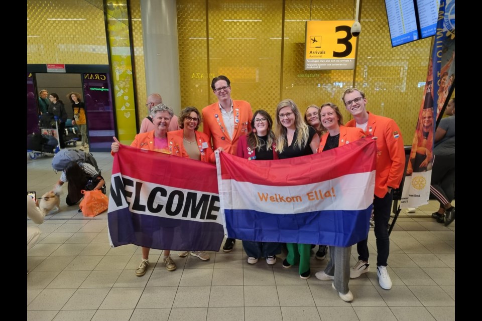 Rotary Club of Okotoks Youth Exchange student Ella Day (centre, red jacket) poses for a photo at Amsterdam Schiphol Airport on Aug. 26 with the Dutch families that will be hosting her in the Netherlands. 