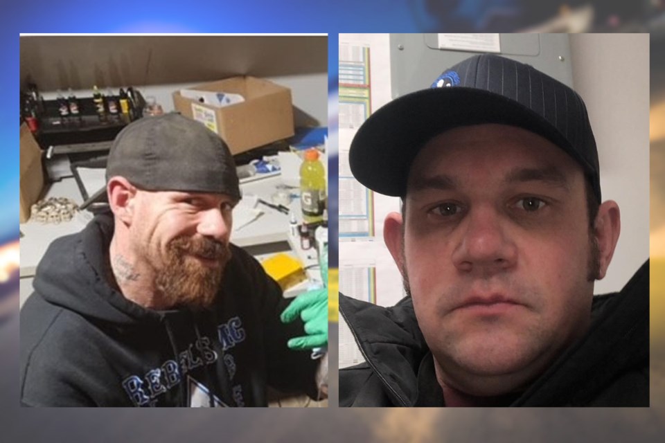 Robert Russell Dwyer, 37 (left), and Aaron John Thompson, 40, of Pincher Creek are still at large with arrest warrants following a Sept. 16 home invasion and assault in Coleman.