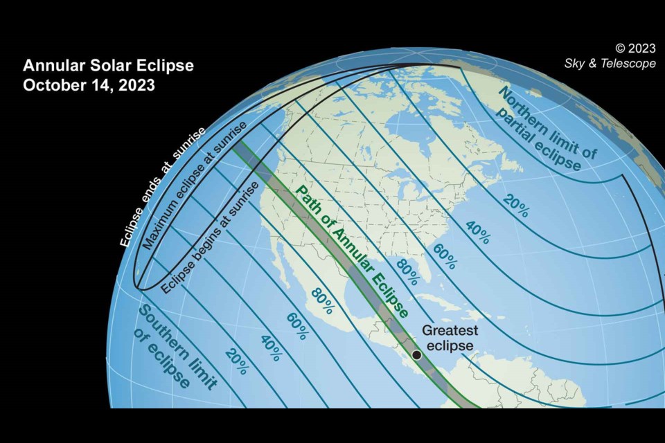 During Oct. 14th’s annular solar eclipse, the eclipsed Sun will appear as a ring from within the gray-shaded area. Elsewhere across North Ameria, the event will be seen as a partial eclipse; percentages show the maximum fraction of the Sun’s diameter that will be covered. 
Sky & Telescope illustration; source: Fred Espenak
