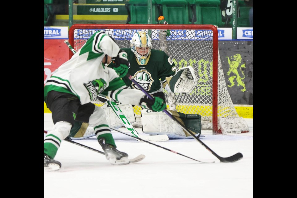 Okotoks Oilers goalie Alexander Scheiwiller protects the crease during the 8-1 win over the Drayton Valley Thunder at Centennial Arenas on Oct. 29.