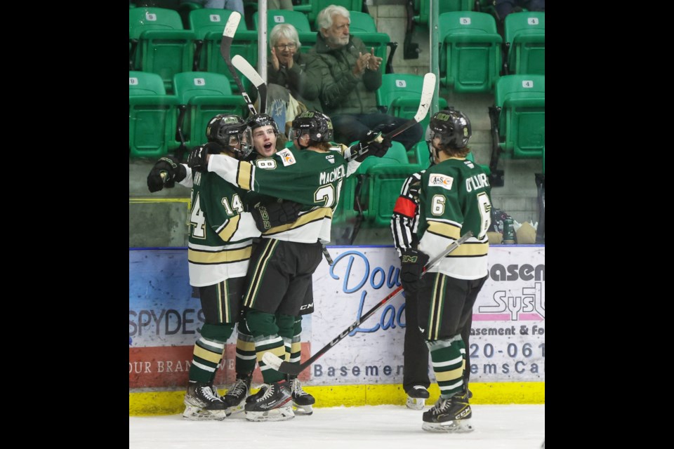 Okotoks Oilers forward Jagger Tapper celebrates his first of two goals in the 8-1 win over the Drayton Valley Thunder at Okotoks Centennial Arenas on Oct. 29.