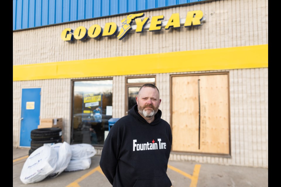 Fountain Tire owner Dean White in front of the shop on Nov. 1. The business was broken into twice in October, causing thousands in out-of-pocket damage.