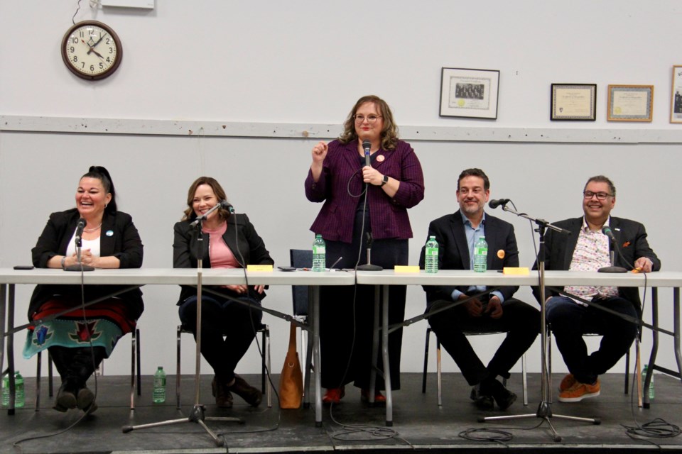 All five Alberta NDP leadership candidates, from left: Jodi Calahoo Stonehouse, Kathleen Ganley, Sarah Hoffman, Gil McGowan and Naheed Nenshi.