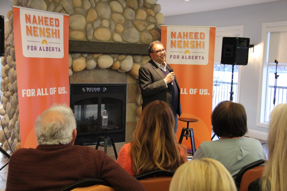 Naheed Nenshi gives a speech at the Crystal Shores Beach House in Okotoks on April 17. 