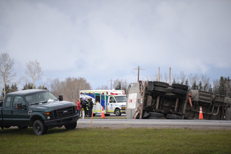 A semi-trailer overturned on Highway 2 at 338 Avenue near Okotoks following a crash on May 2 that has closed the southbound lanes of Highway 2.