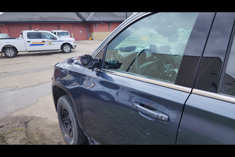 The damage to the RCMP vehicle after the collision on April 29.