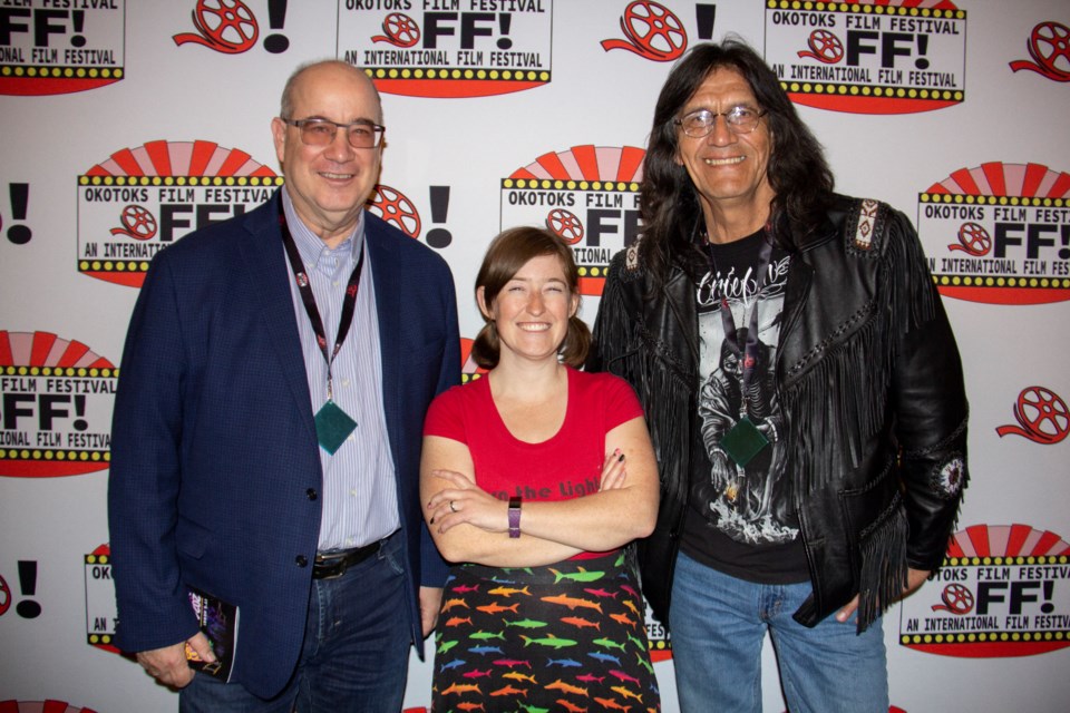 Festival director Katie Fournell alongside 'The Great Salish Heist' producers Leslie Bland (left) and Harold Joe, ahead of the film's screening at the Okotoks Film Festival on June 8.