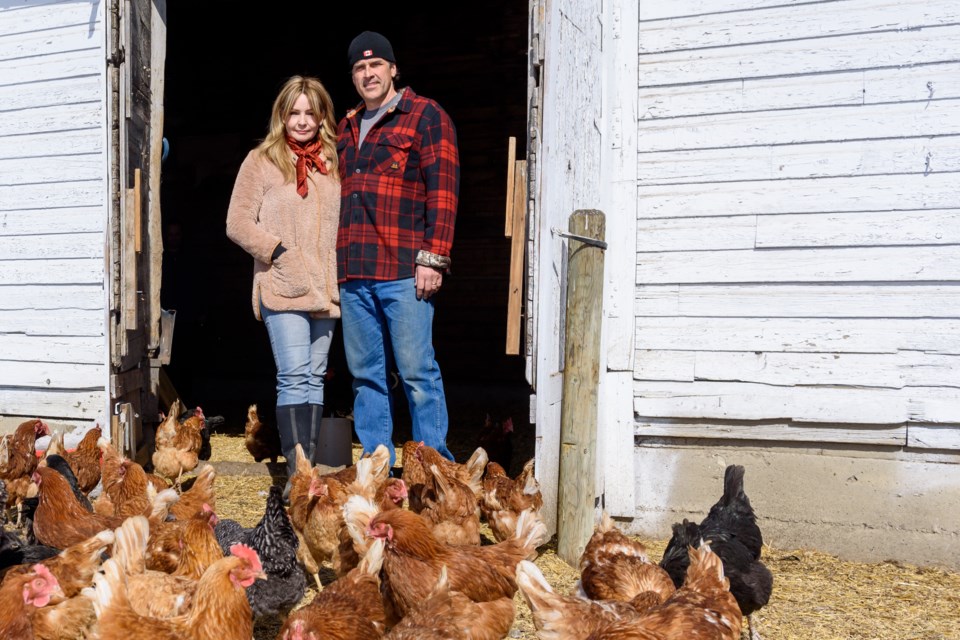Deanna and Travis Thiessen, and their chickens, at Farm Two53, which they bought in 2019.
