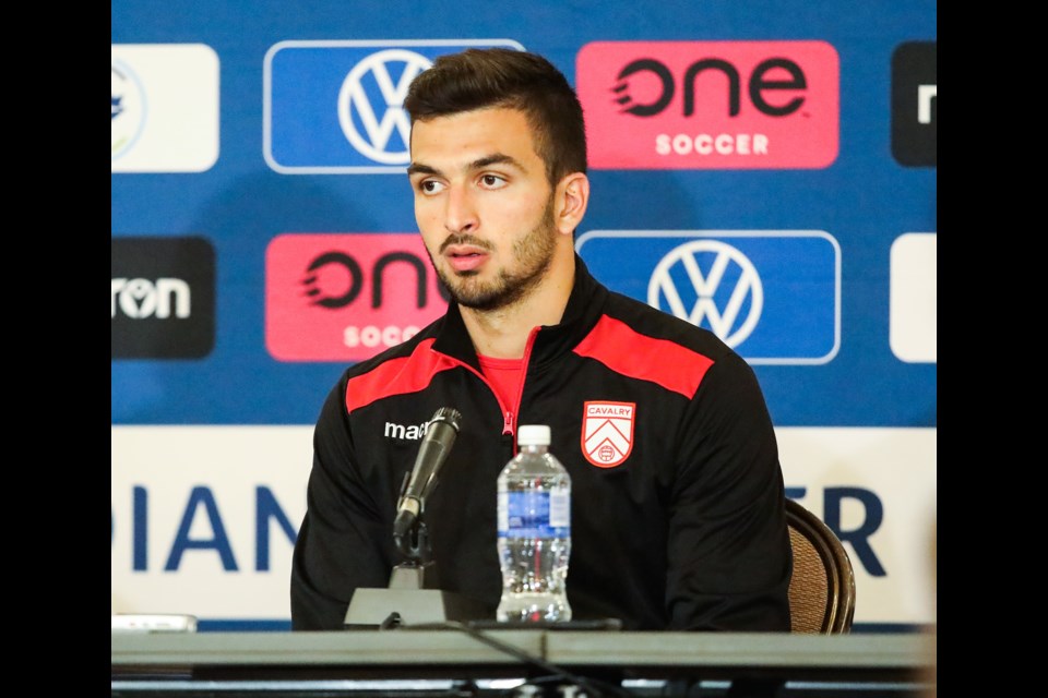 Cavalry FC Goalkeeper Marco Carducci speaks in a press conference after the game against Pacific FC at Spruce Meadows on Aug. 28. Carducci has been called up to play for Canadian men's national team earlier in the day. (BRENT CALVER/Western Wheel)